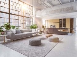 Condo living room with tall windows
